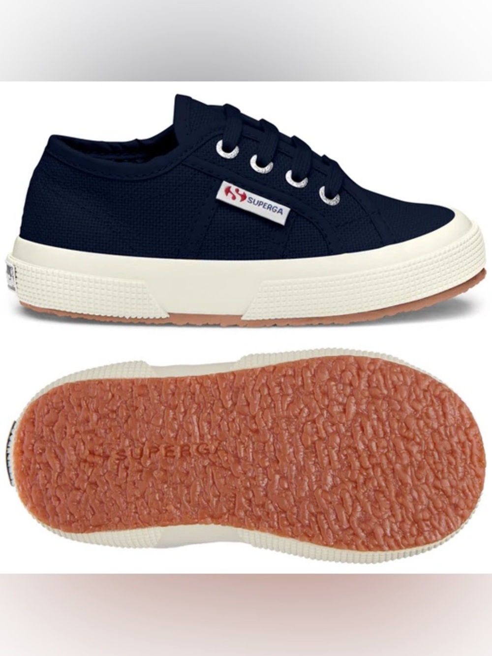 NEW Superga Kids Blue Navy Canvas Lace-Up Sneakers with Cream Sole